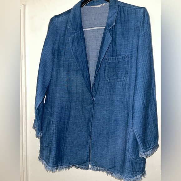Soft Surroundings Plus size Chambray Fringe Blazer Jacket - Picture 4 of 8